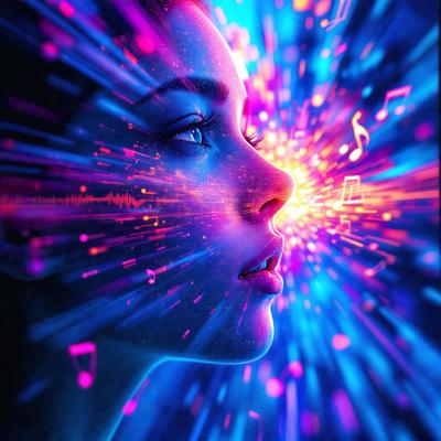 The primary subject of the image is a woman's face, which is the main focus of the image. The setting is a futuristic, colorful environment, with a backdrop of music notes and a bright, vibrant atmosphere. The visual style is a digital art or illustration, creating a unique and eye-catching image.